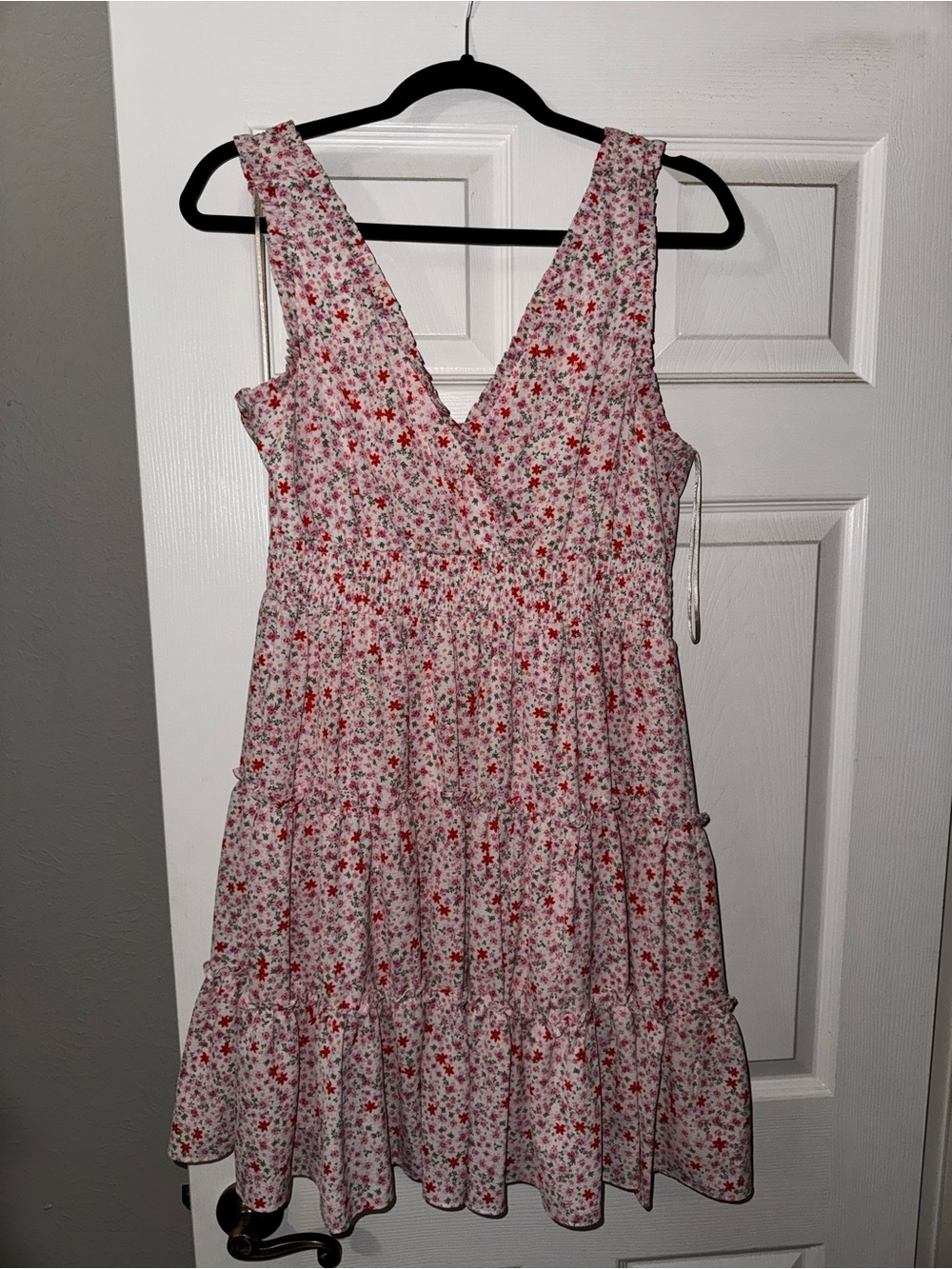 CeCe Pink Floral Tiered V-Neck Mini Dress